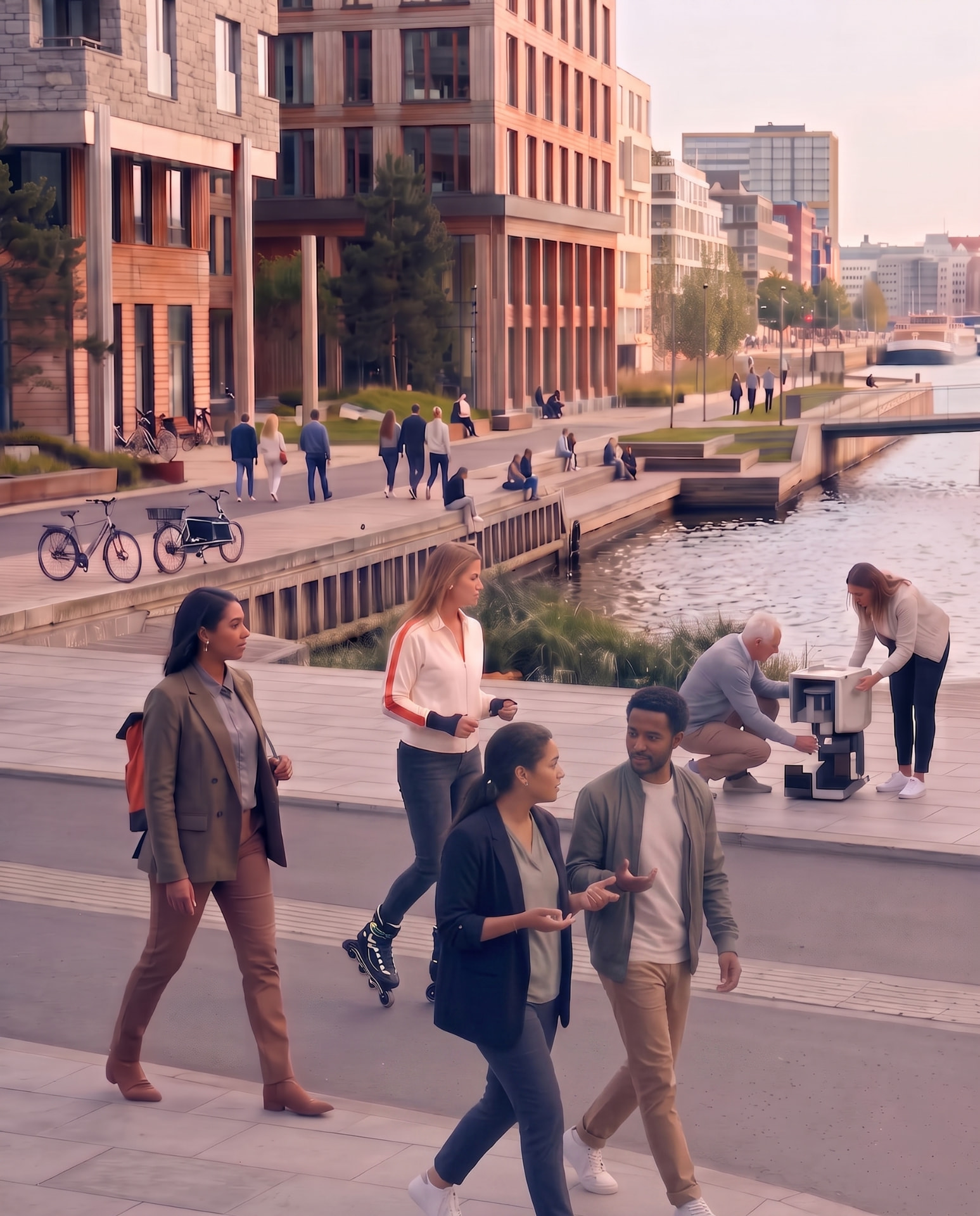 People moving, meeting and building together along a European waterfront.